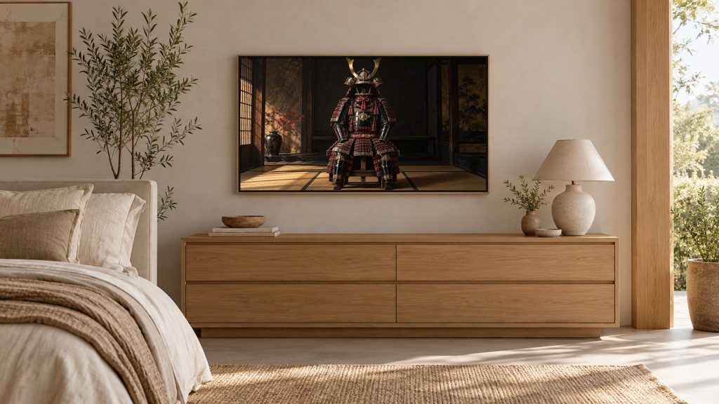 Samurai Armor Still Life shown on a wall-mounted 16:9 TV in a bedroom