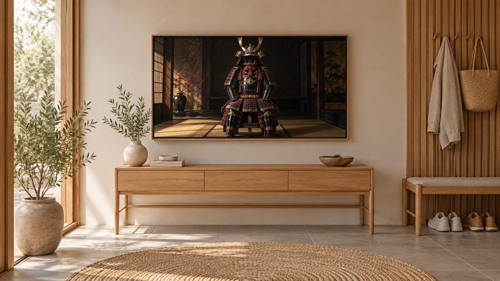 Samurai Armor Still Life shown on a wall-mounted 16:9 TV in an entryway