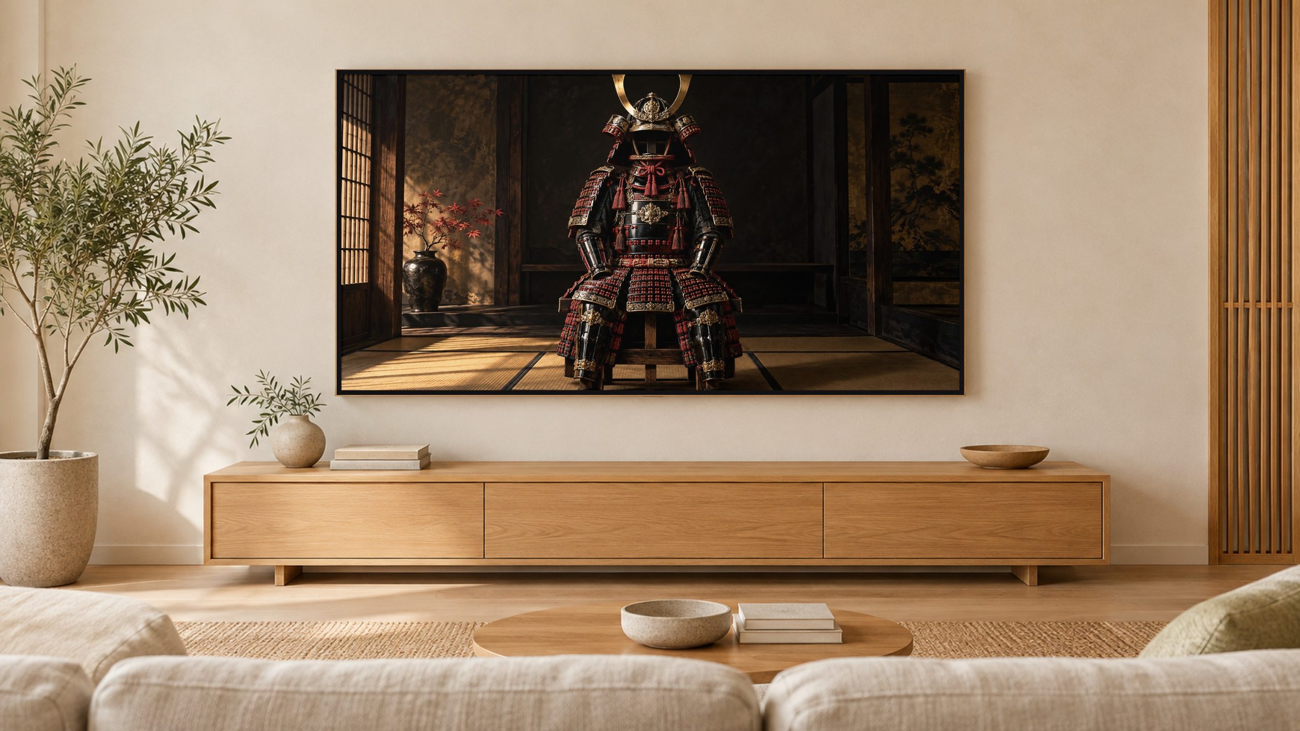 Samurai Armor Still Life shown on a wall-mounted 16:9 TV in a living room