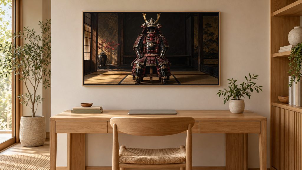 Samurai Armor Still Life shown on a wall-mounted 16:9 TV in a home office