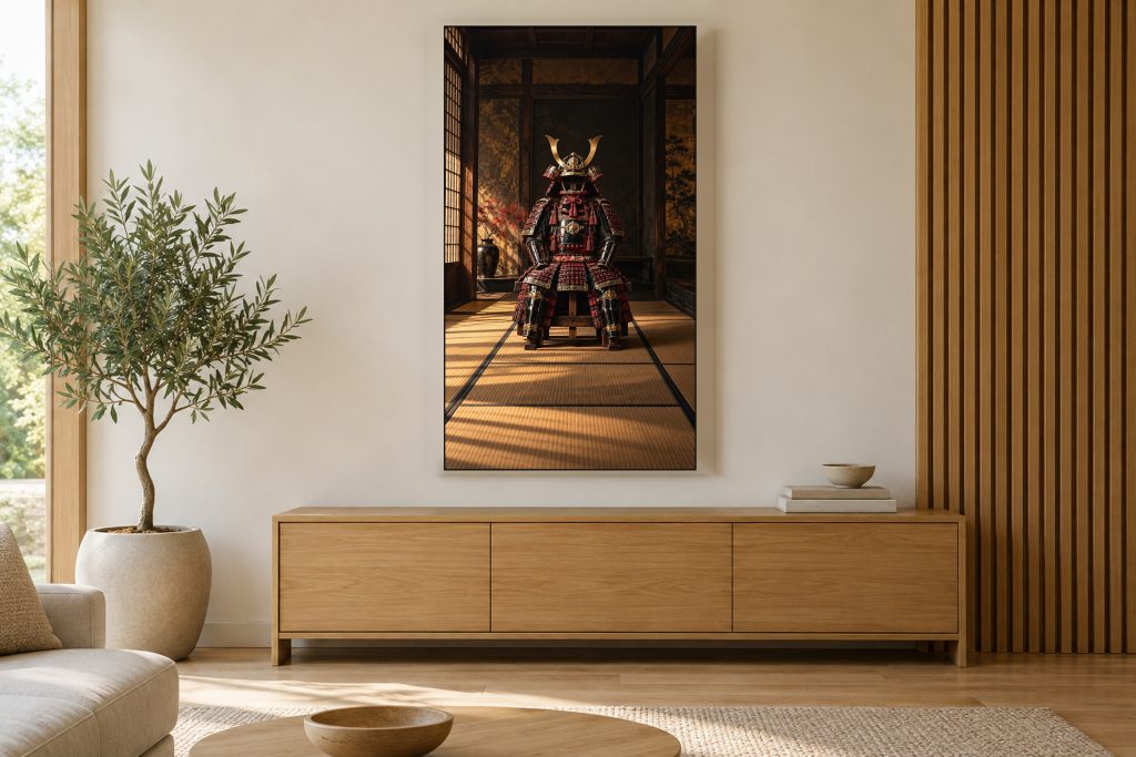 Samurai Armor Still Life shown on a vertically mounted TV in a room setting