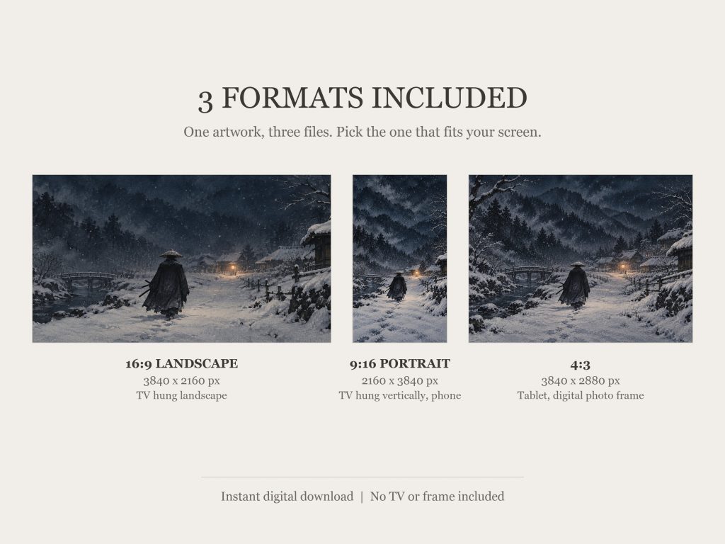 Samurai Walking in Snow at Night: the three included formats, 16:9, 9:16 and 4:3