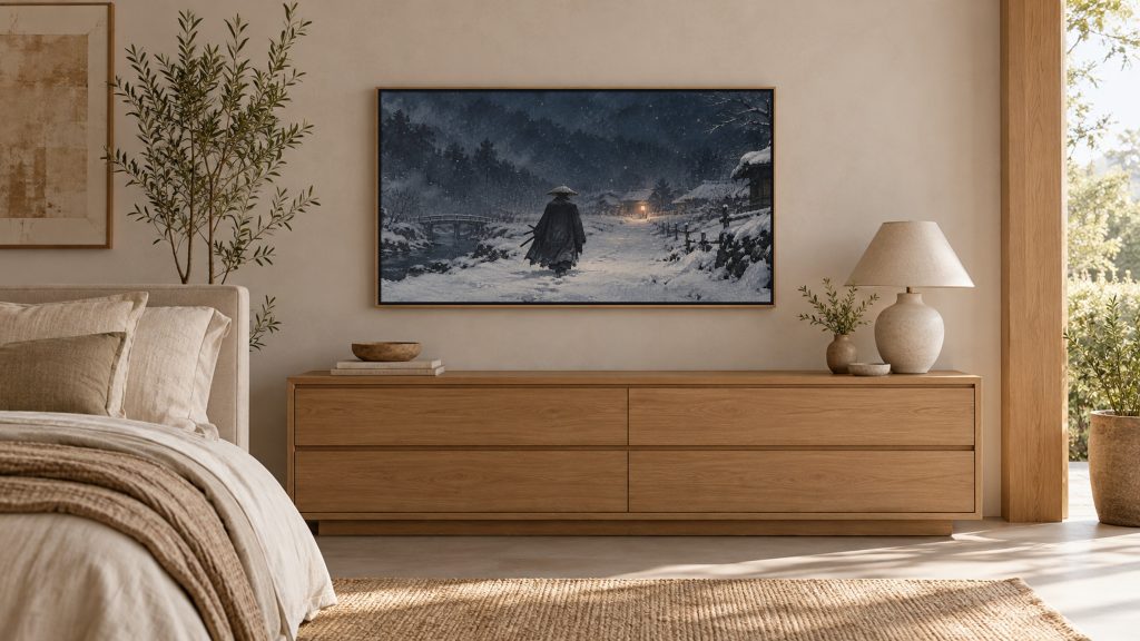 Samurai Walking in Snow at Night shown on a wall-mounted 16:9 TV in a bedroom