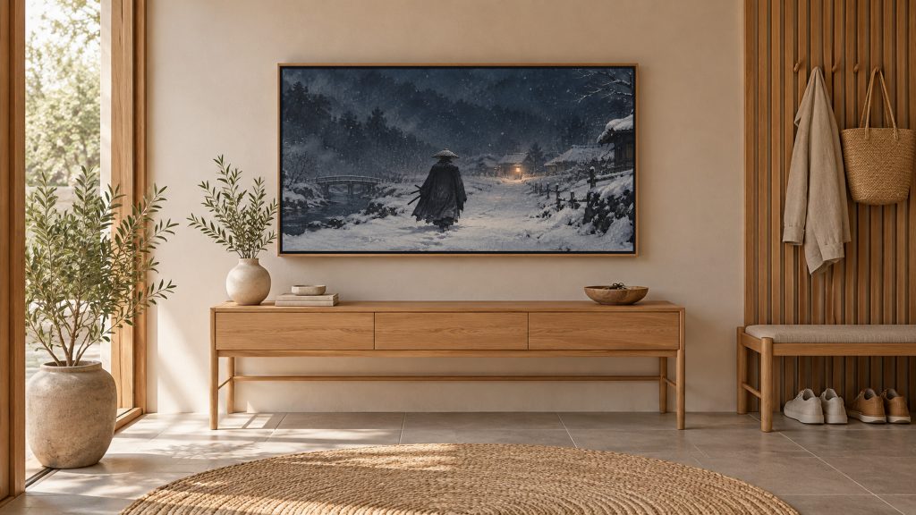 Samurai Walking in Snow at Night shown on a wall-mounted 16:9 TV in an entryway