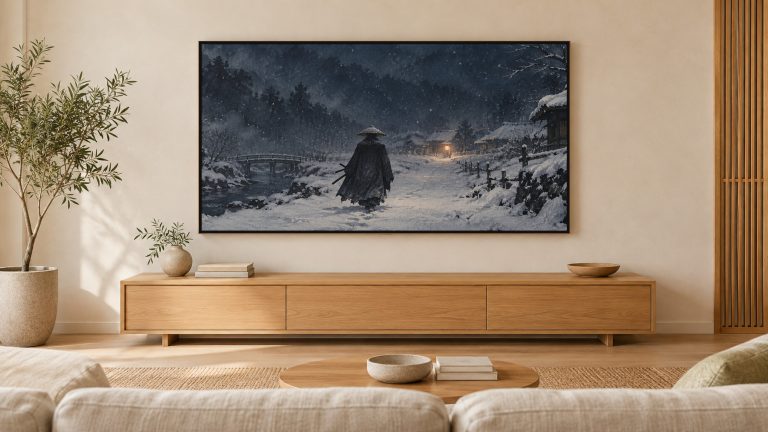 Samurai Walking in Snow at Night shown on a wall-mounted 16:9 TV in a living room