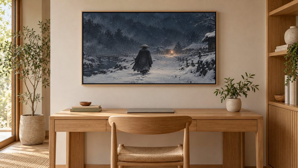 Samurai Walking in Snow at Night shown on a wall-mounted 16:9 TV in a home office