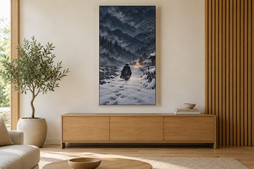 Samurai Walking in Snow at Night shown on a vertically mounted TV in a room setting