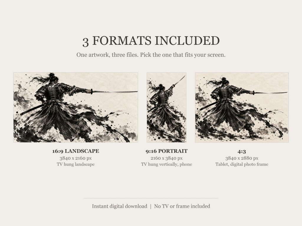 Samurai Drawing Sword Sumi-e: the three included formats, 16:9, 9:16 and 4:3