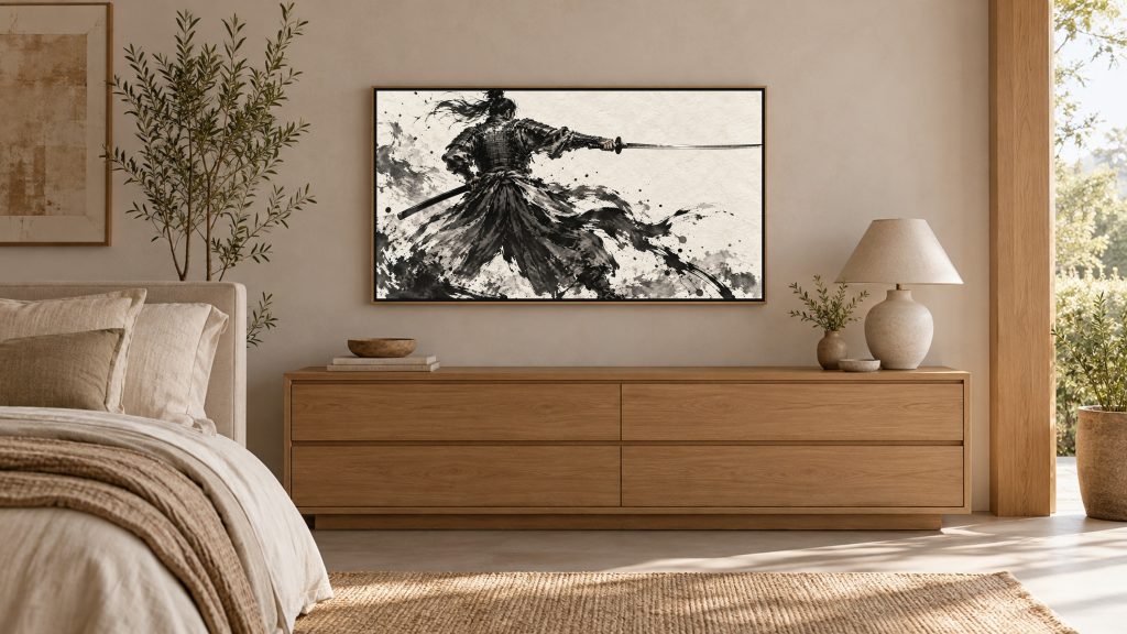Samurai Drawing Sword Sumi-e shown on a wall-mounted 16:9 TV in a bedroom