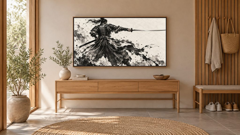 Samurai Drawing Sword Sumi-e shown on a wall-mounted 16:9 TV in an entryway