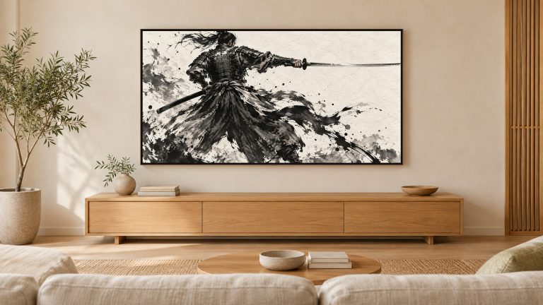 Samurai Drawing Sword Sumi-e shown on a wall-mounted 16:9 TV in a living room