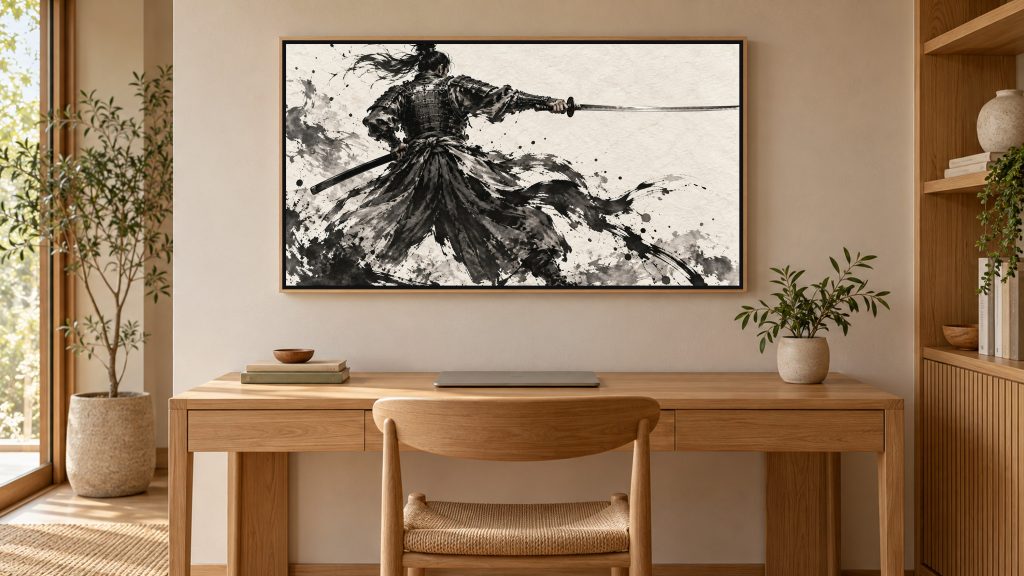 Samurai Drawing Sword Sumi-e shown on a wall-mounted 16:9 TV in a home office