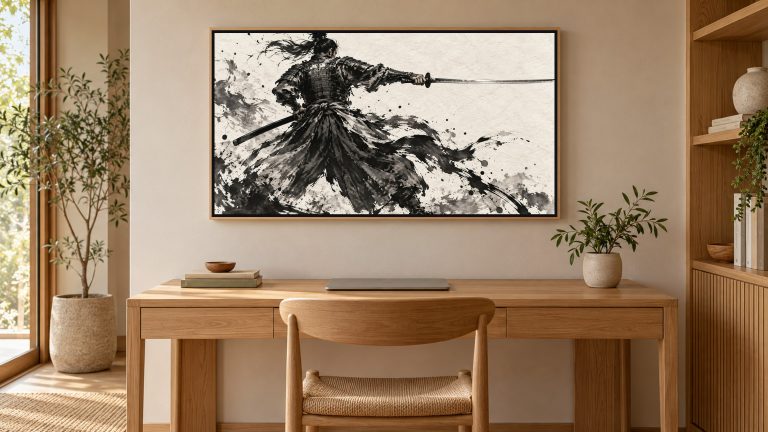 Samurai Drawing Sword Sumi-e shown on a wall-mounted 16:9 TV in a home office