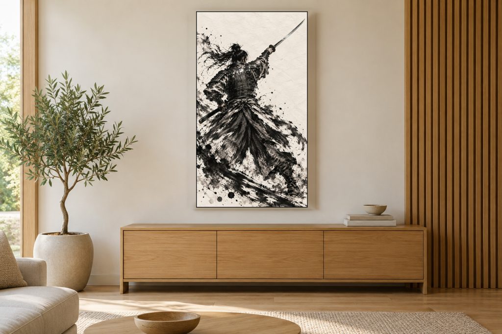 Samurai Drawing Sword Sumi-e shown on a vertically mounted TV in a room setting