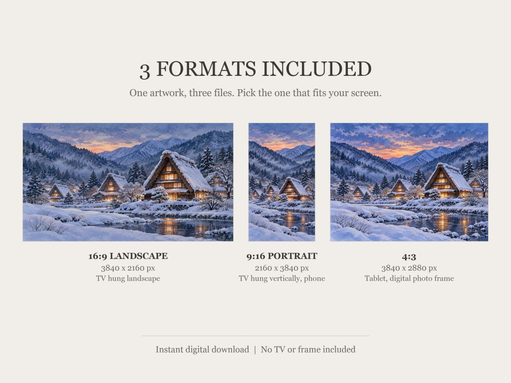 Snowy Thatched Village Night: the three included formats, 16:9, 9:16 and 4:3