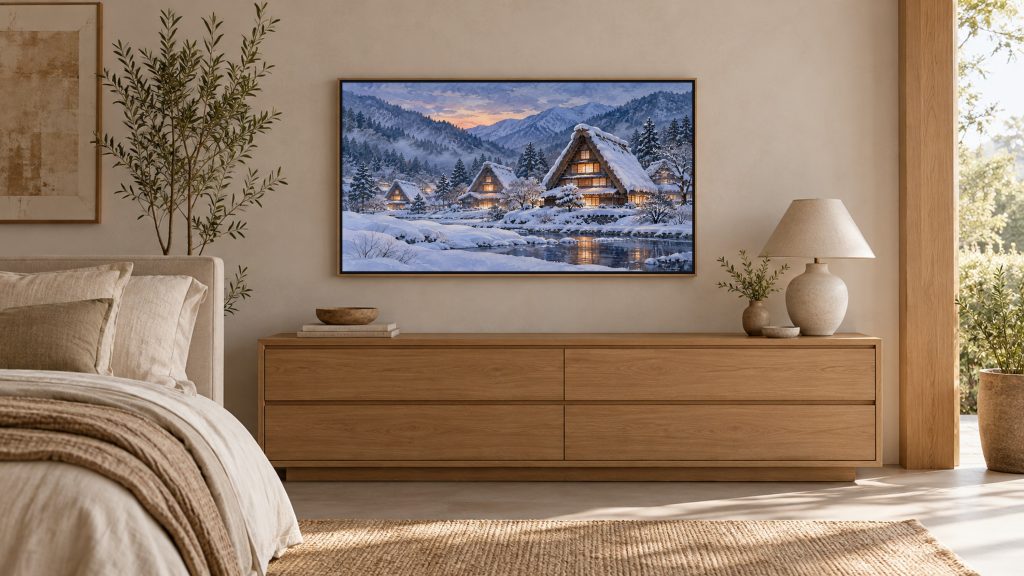 Snowy Thatched Village Night shown on a wall-mounted 16:9 TV in a bedroom