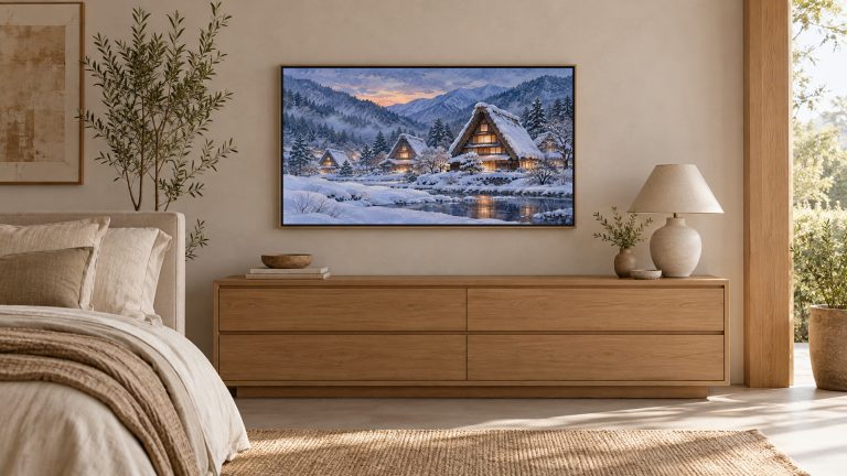 Snowy Thatched Village Night shown on a wall-mounted 16:9 TV in a bedroom