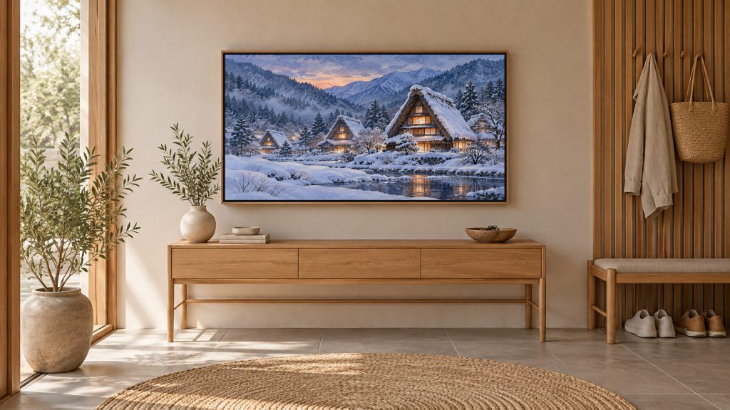 Snowy Thatched Village Night shown on a wall-mounted 16:9 TV in an entryway