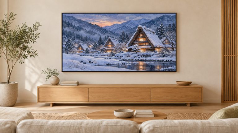Snowy Thatched Village Night shown on a wall-mounted 16:9 TV in a living room