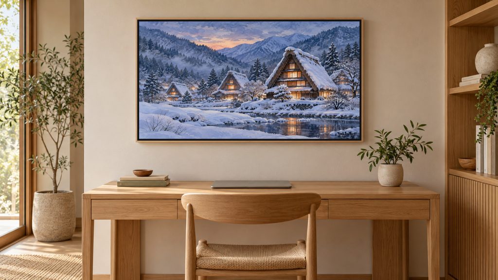 Snowy Thatched Village Night shown on a wall-mounted 16:9 TV in a home office