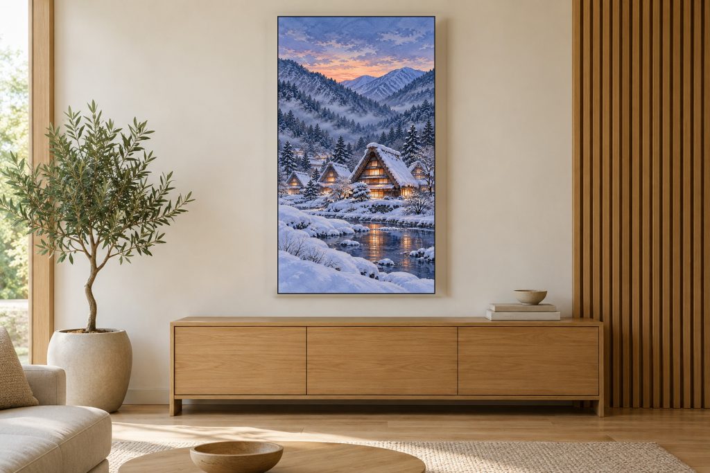 Snowy Thatched Village Night shown on a vertically mounted TV in a room setting