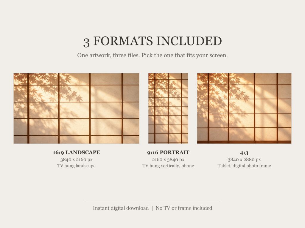 Shoji Light and Shadow: the three included formats, 16:9, 9:16 and 4:3
