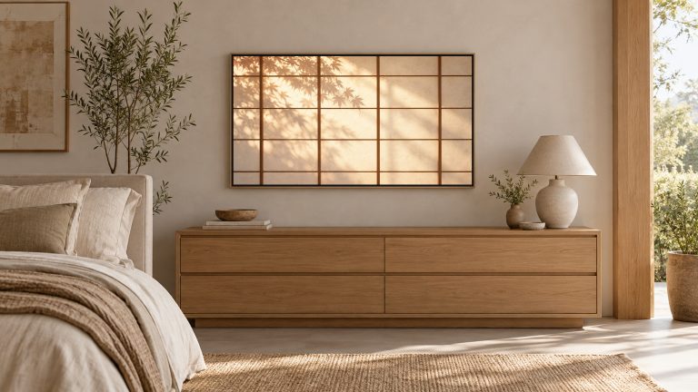 Shoji Light and Shadow shown on a wall-mounted 16:9 TV in a bedroom