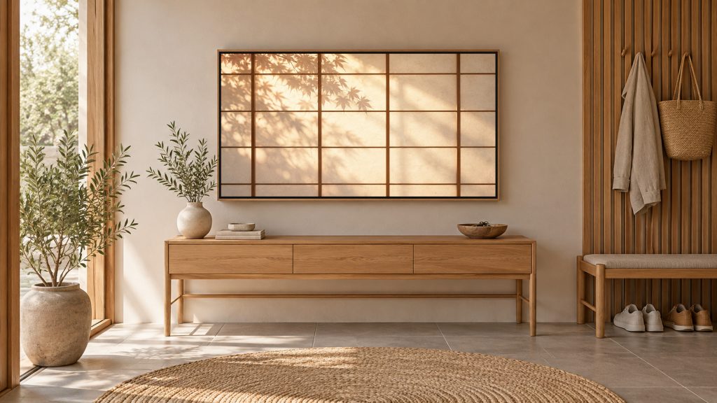 Shoji Light and Shadow shown on a wall-mounted 16:9 TV in an entryway