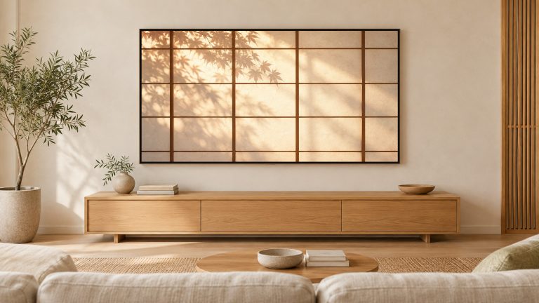 Shoji Light and Shadow shown on a wall-mounted 16:9 TV in a living room