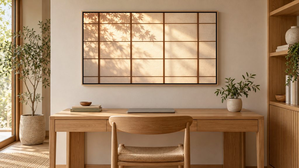Shoji Light and Shadow shown on a wall-mounted 16:9 TV in a home office