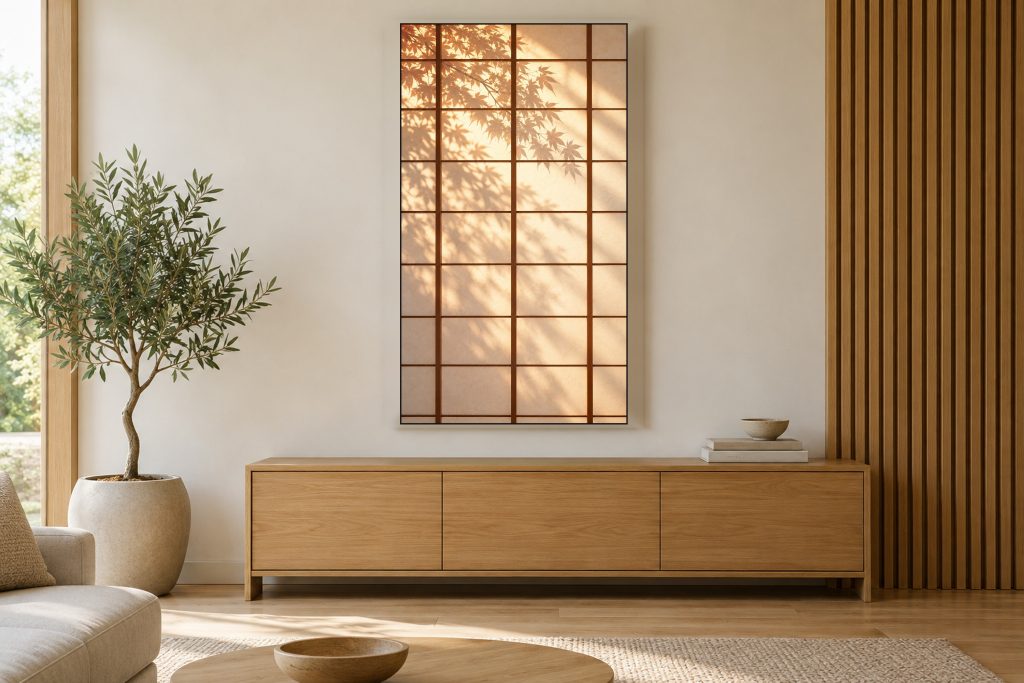 Shoji Light and Shadow shown on a vertically mounted TV in a room setting