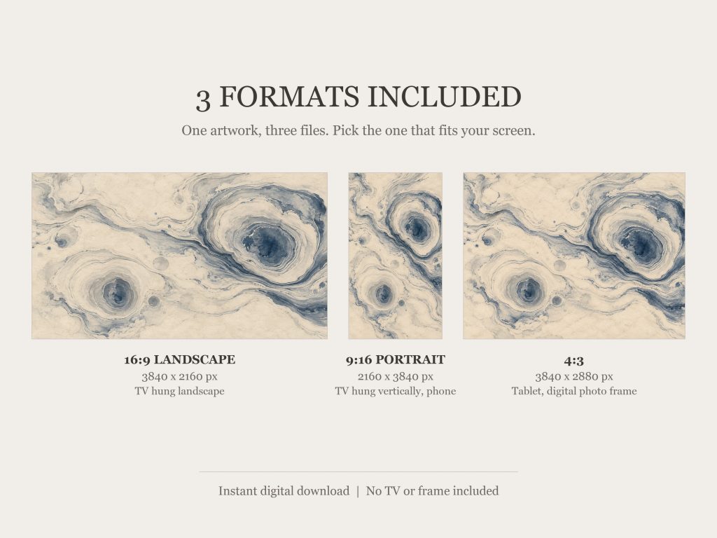 Suminagashi Ink Marbling: the three included formats, 16:9, 9:16 and 4:3