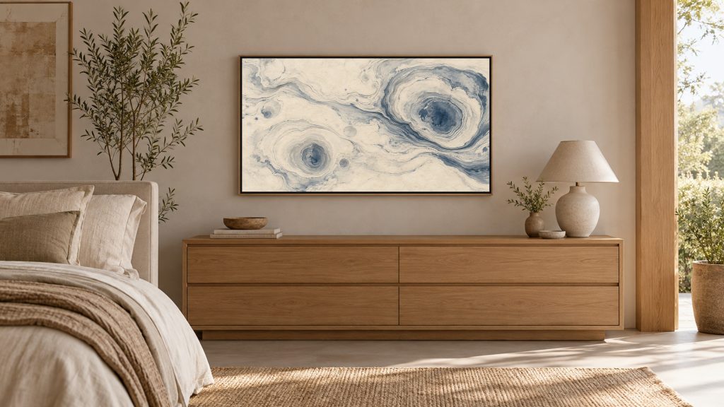 Suminagashi Ink Marbling shown on a wall-mounted 16:9 TV in a bedroom