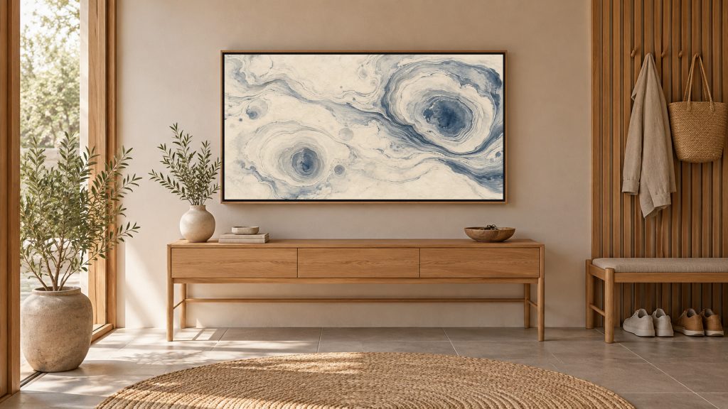 Suminagashi Ink Marbling shown on a wall-mounted 16:9 TV in an entryway