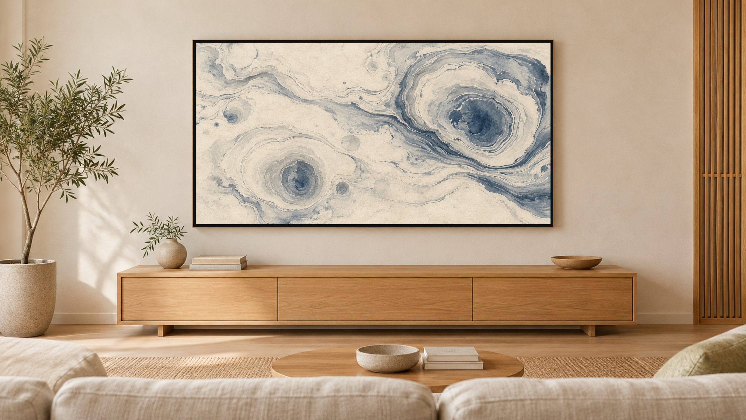Suminagashi Ink Marbling shown on a wall-mounted 16:9 TV in a living room