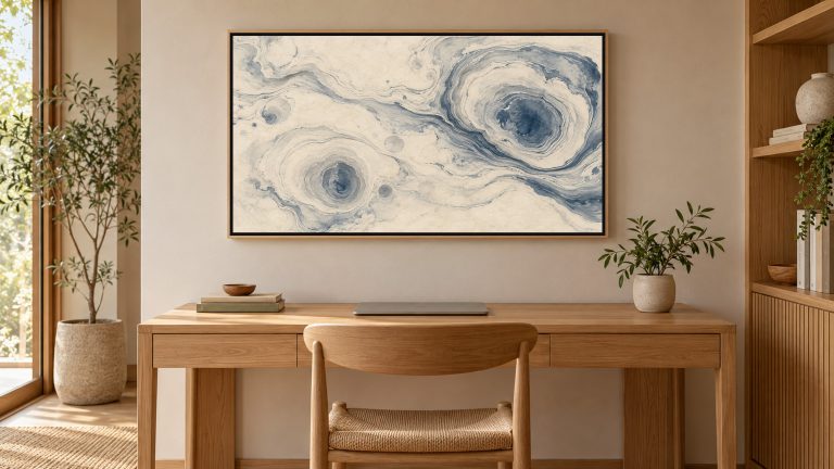 Suminagashi Ink Marbling shown on a wall-mounted 16:9 TV in a home office
