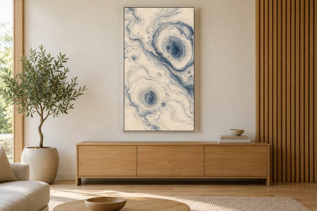 Suminagashi Ink Marbling shown on a vertically mounted TV in a room setting