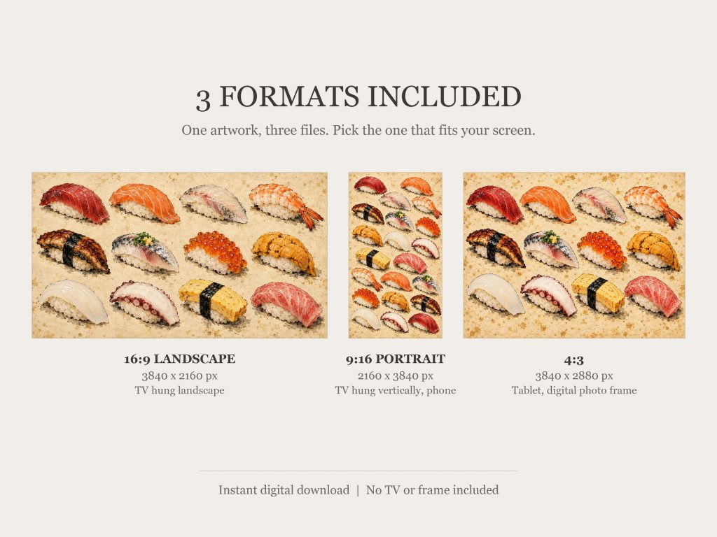 Sushi Field Guide Chart Vintage: the three included formats, 16:9, 9:16 and 4:3