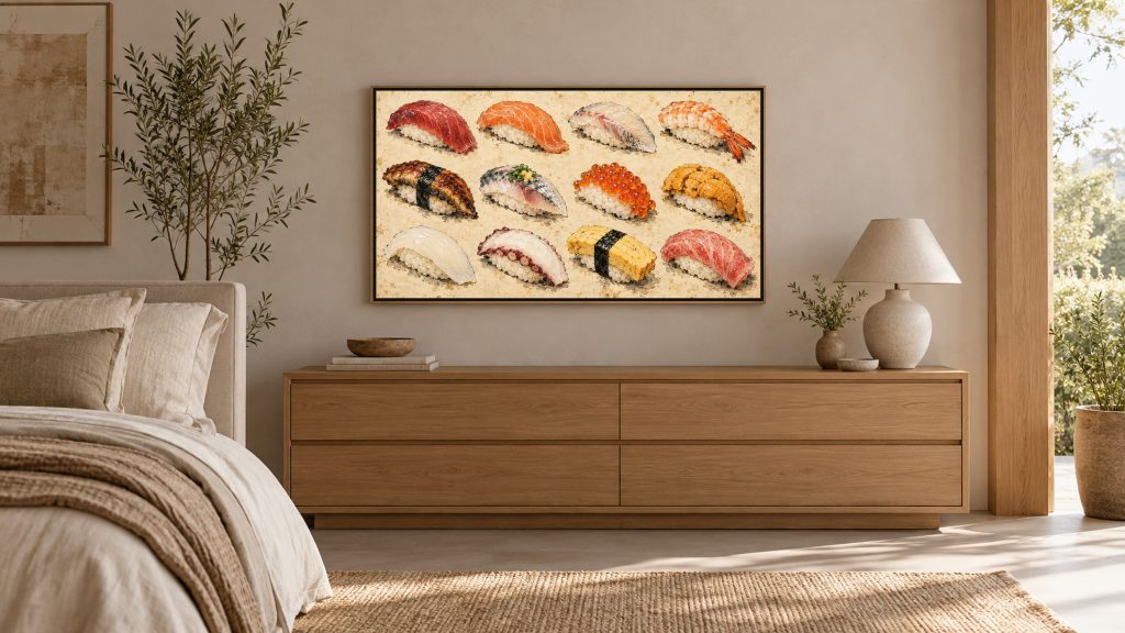 Sushi Field Guide Chart Vintage shown on a wall-mounted 16:9 TV in a bedroom