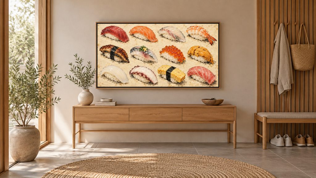 Sushi Field Guide Chart Vintage shown on a wall-mounted 16:9 TV in an entryway