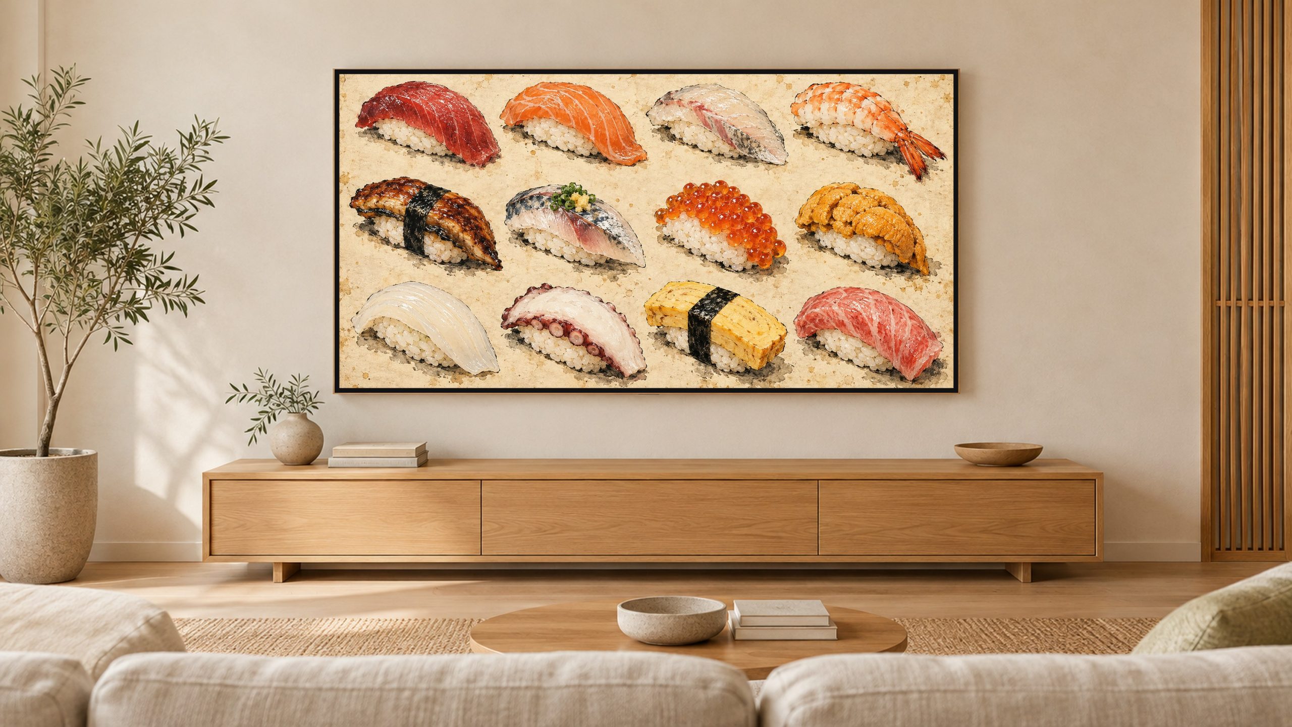 Sushi Field Guide Chart Vintage shown on a wall-mounted 16:9 TV in a living room
