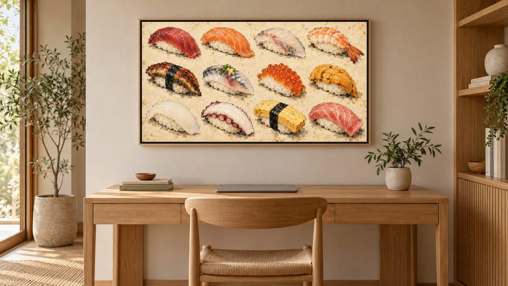 Sushi Field Guide Chart Vintage shown on a wall-mounted 16:9 TV in a home office