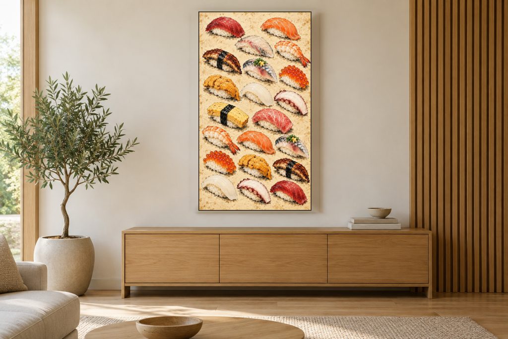 Sushi Field Guide Chart Vintage shown on a vertically mounted TV in a room setting