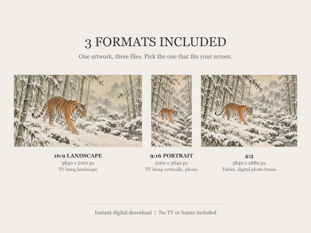 Tiger in Snowy Bamboo: the three included formats, 16:9, 9:16 and 4:3