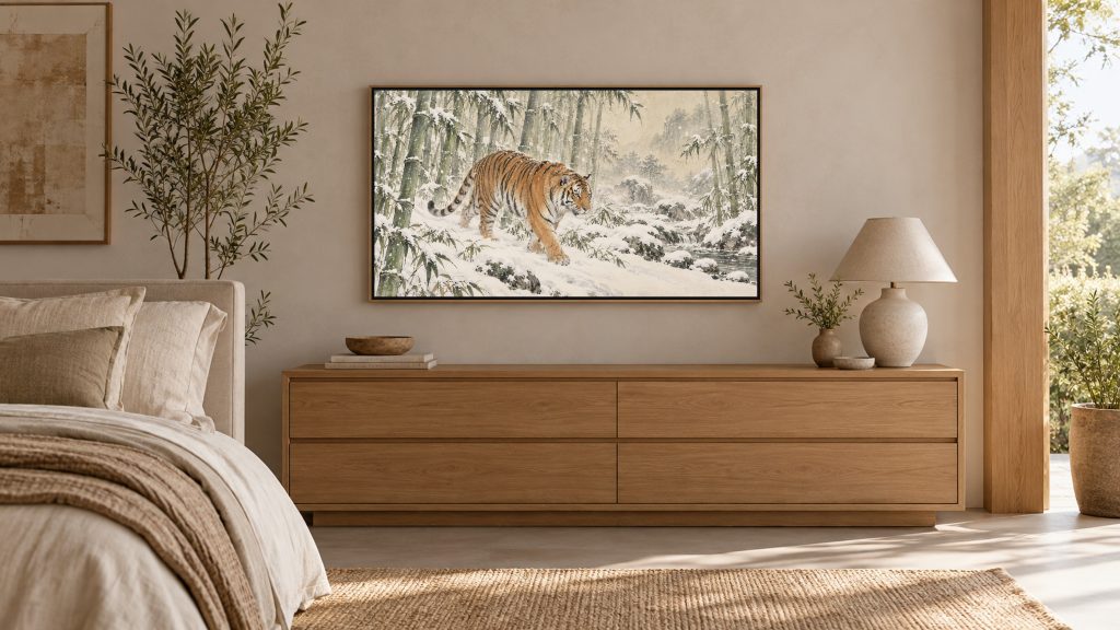 Tiger in Snowy Bamboo shown on a wall-mounted 16:9 TV in a bedroom