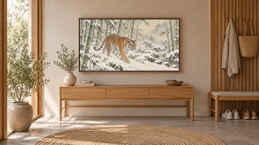 Tiger in Snowy Bamboo shown on a wall-mounted 16:9 TV in an entryway