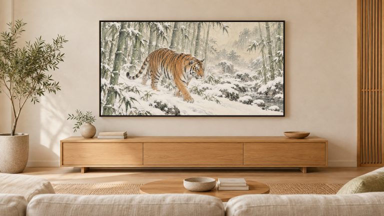 Tiger in Snowy Bamboo shown on a wall-mounted 16:9 TV in a living room