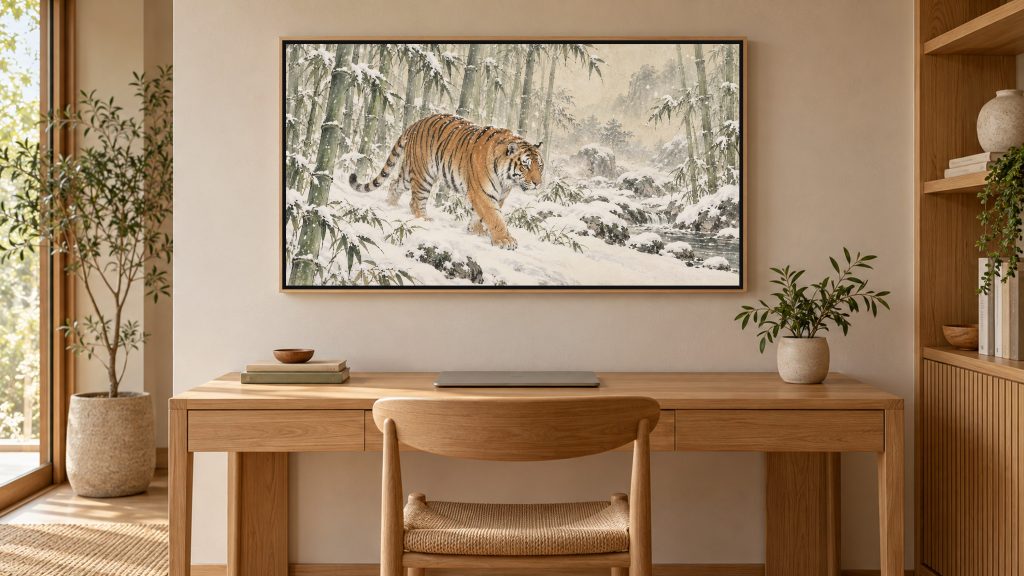 Tiger in Snowy Bamboo shown on a wall-mounted 16:9 TV in a home office