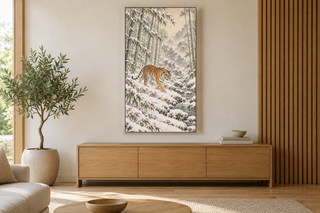 Tiger in Snowy Bamboo shown on a vertically mounted TV in a room setting