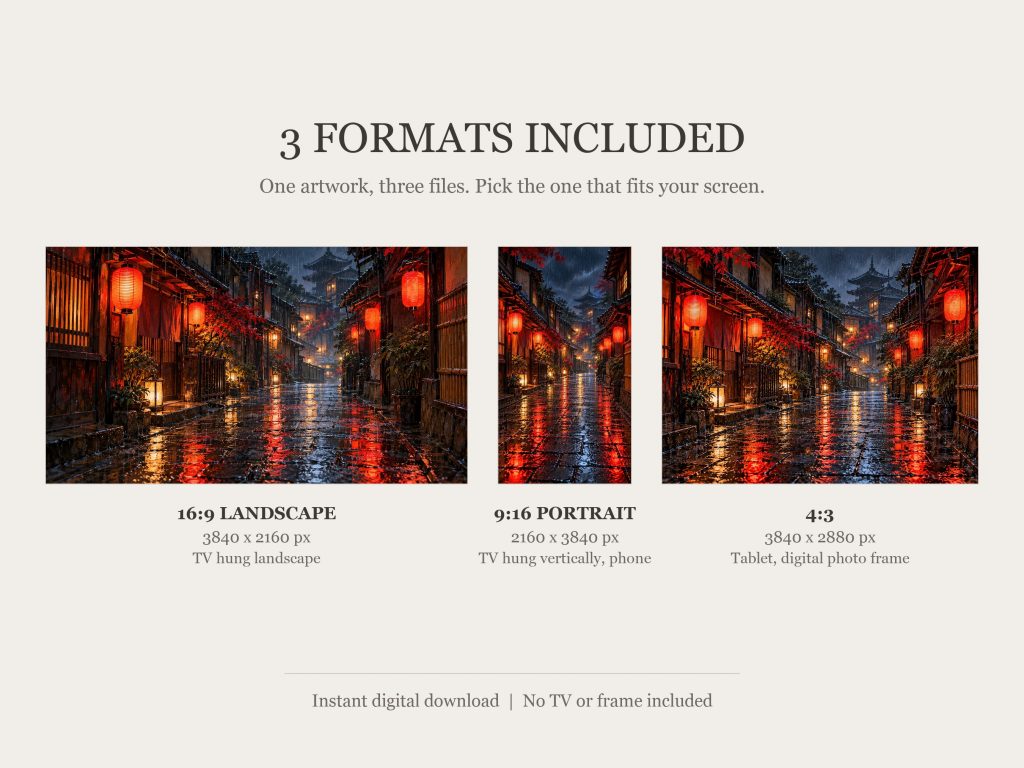Rainy Kyoto Alley Red Lanterns: the three included formats, 16:9, 9:16 and 4:3